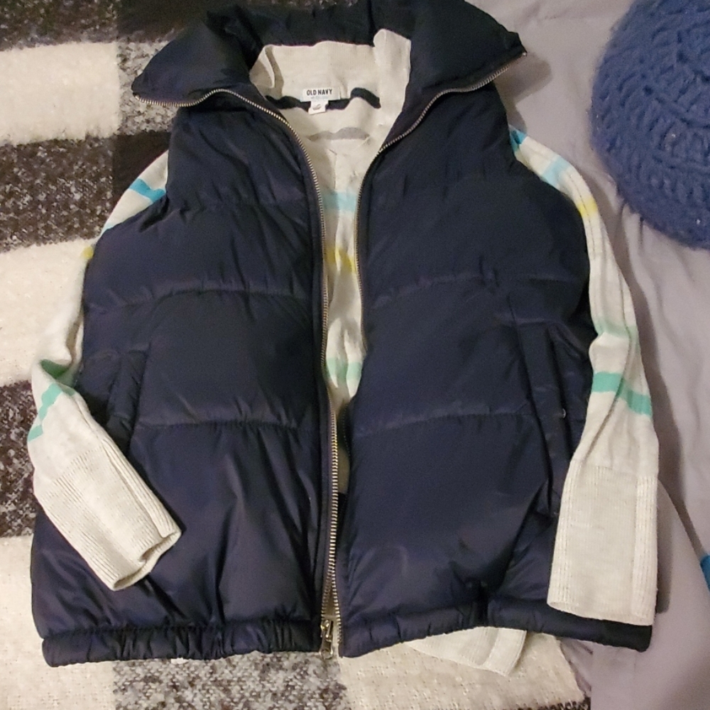 Old navy striped sweater and old navy puffer vest